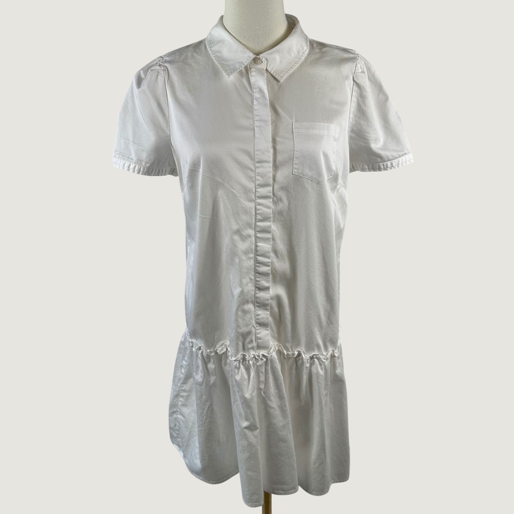 Karl Lagerfeld Paris Shirt Dress Womens 8 White Cotton Poplin Puff Sleeve Drop